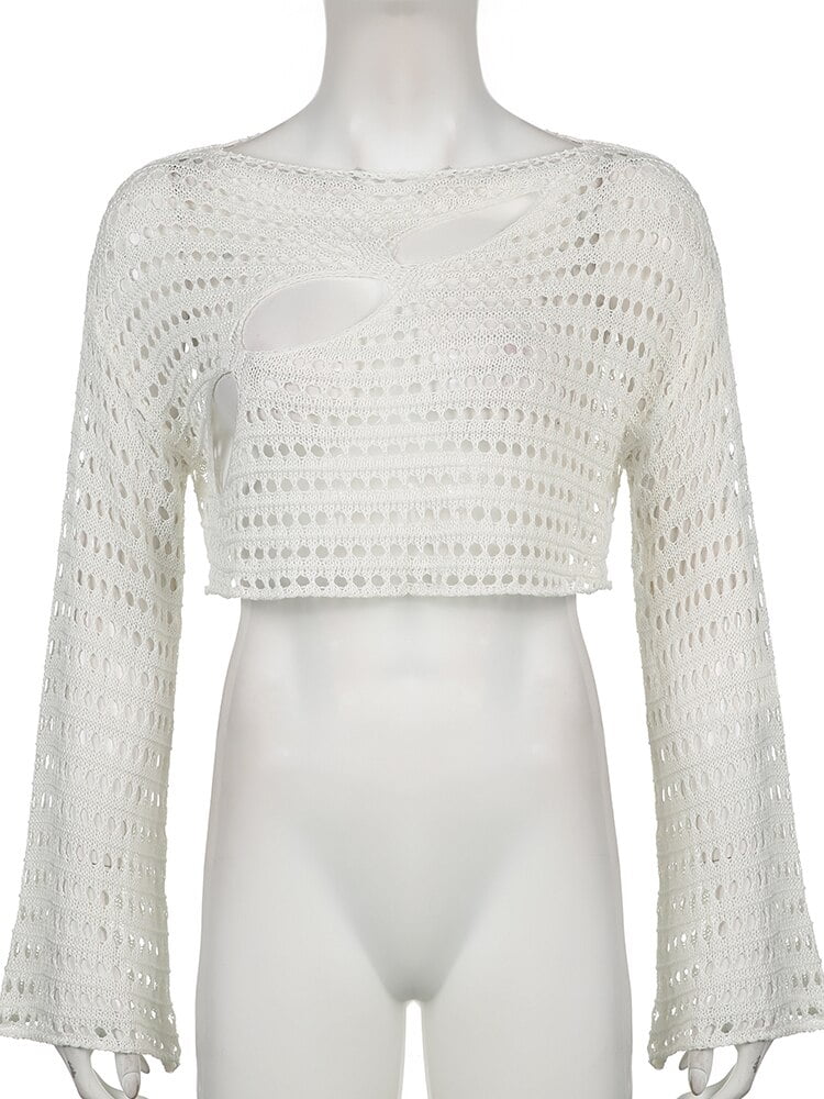 Camiseta de manga larga con agujeros, remera de punto Camisetas manga larga Tops Color: Blanco Tamaño: S|M|L El Vestidor de Carlota