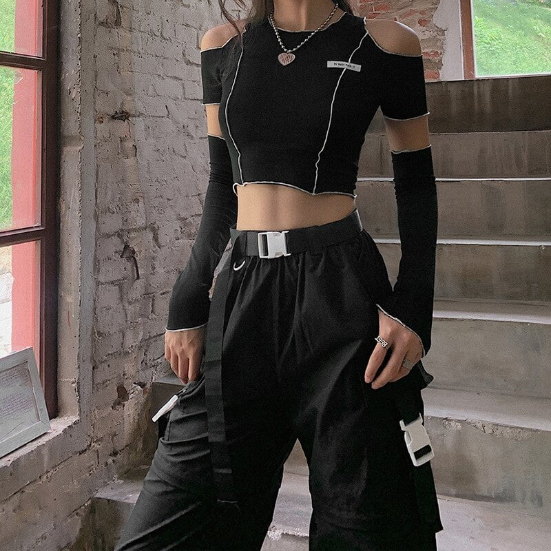 Camisetas negras de retales con mangas separadas estilo Y2k Camiseta de tirantes - Sin mangas Camisetas manga larga Tops El Vestidor de Carlota