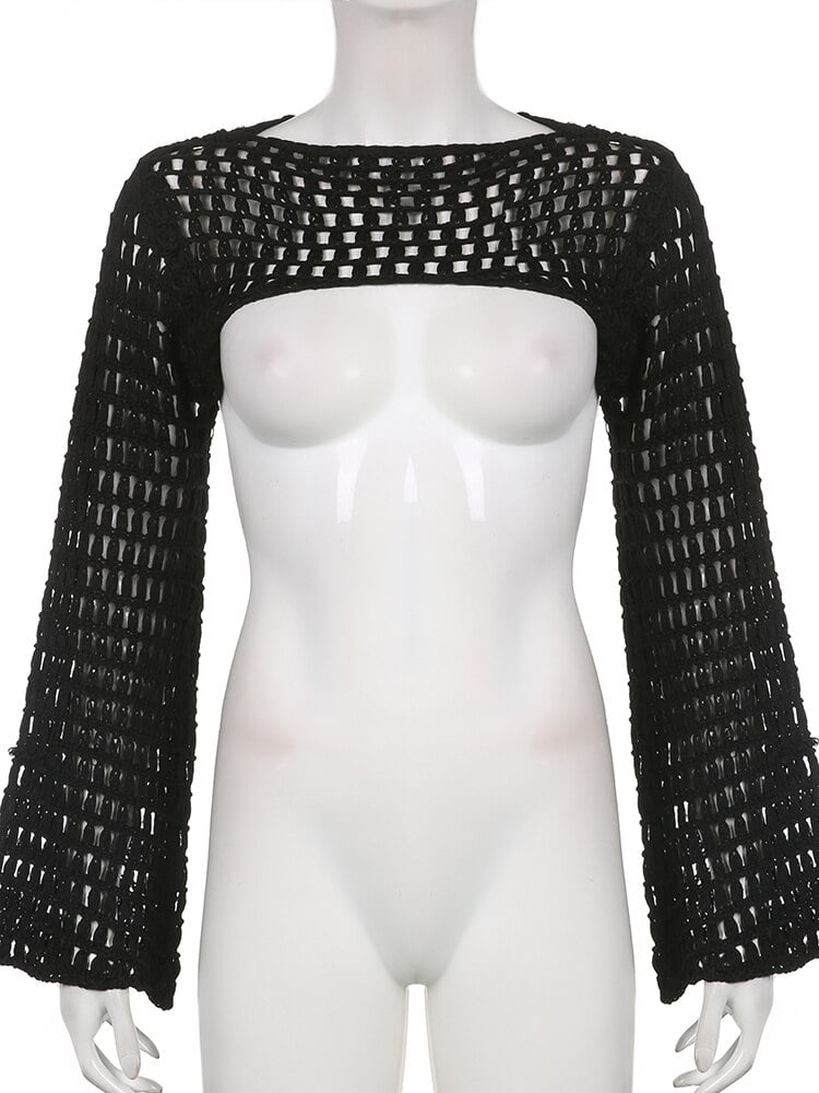 Top corto de punto crochet con manga holgada estilo Y2K Camisetas manga larga Tops Color: Negro Tamaño: Talla única El Vestidor de Carlota