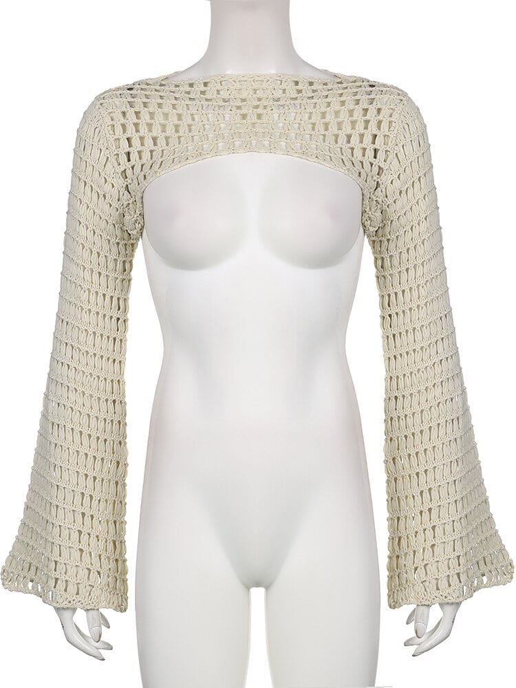 Top corto de punto crochet con manga holgada estilo Y2K Camisetas manga larga Tops Color: Blanco Tamaño: Talla única El Vestidor de Carlota