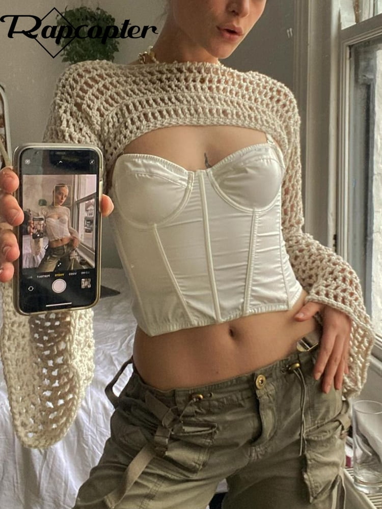 Top corto de punto crochet con manga holgada estilo Y2K Camisetas manga larga Tops El Vestidor de Carlota