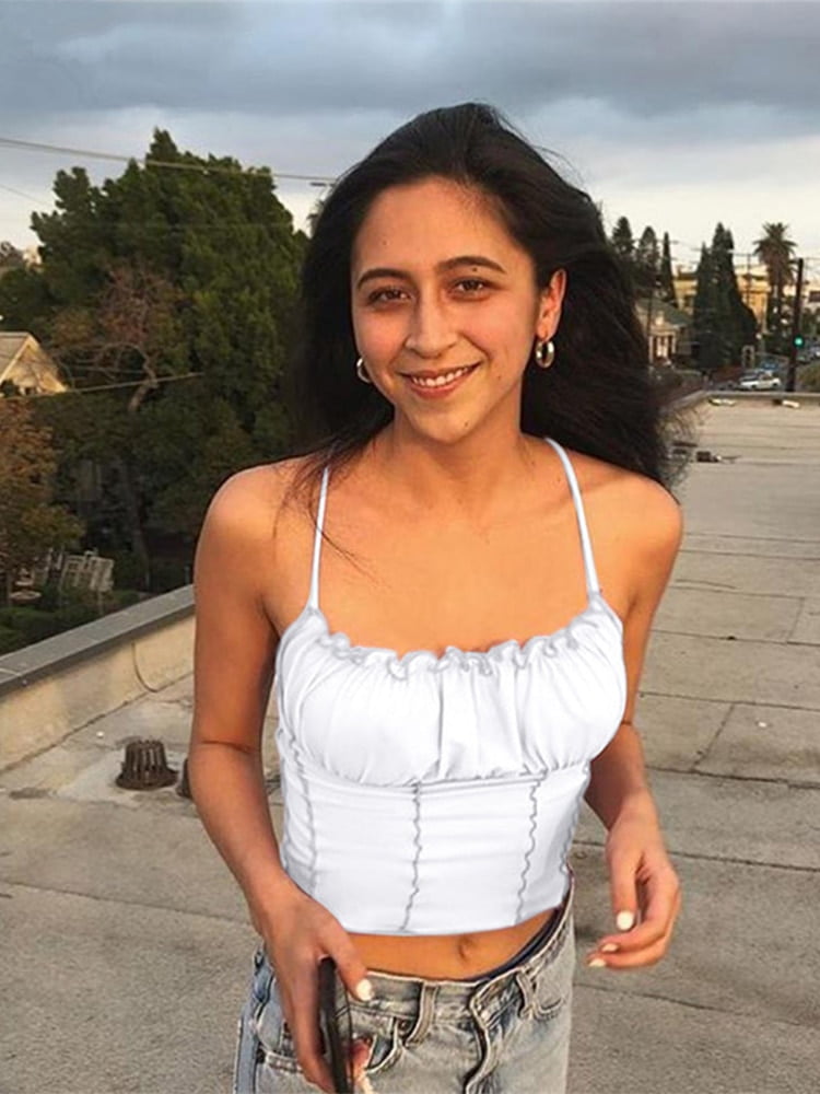 Camiseta sin mangas con volantes, Top corto ajustado fruncido sin tirantes Camiseta de tirantes - Sin mangas Tops El Vestidor de Carlota