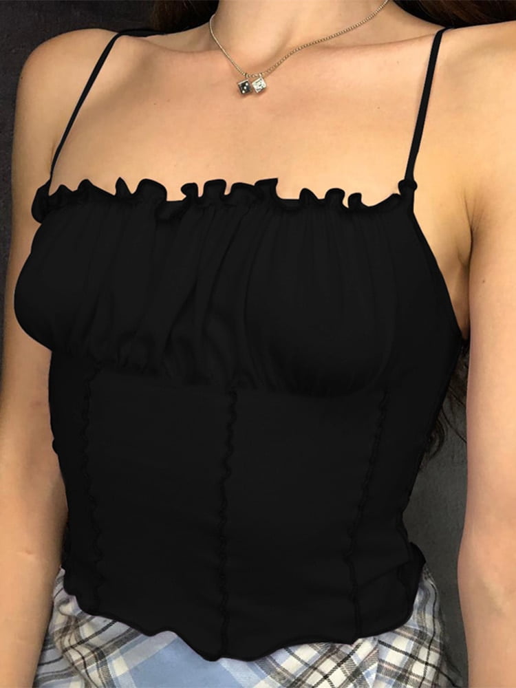 Camiseta sin mangas con volantes, Top corto ajustado fruncido sin tirantes Camiseta de tirantes - Sin mangas Tops El Vestidor de Carlota