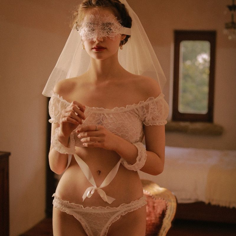 Lencería de encaje sin tirantes de manga corta con choker Color : Negro|Blanco 