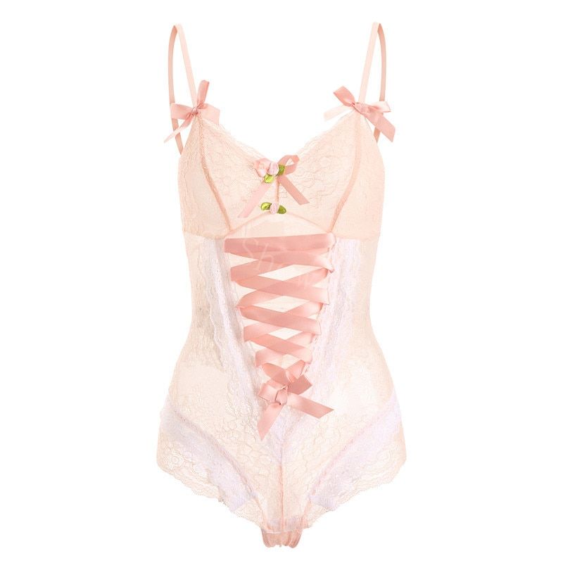 Body de encaje con cintas y moños Body de encaje con cintas y moños Color : Rosa|Blanco
