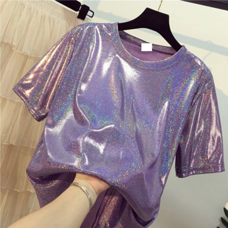 Camiseta holográfica de manga corta con cuello redondo Color : Azul|Dorado|Rosa|Púrpura|Blanco 
