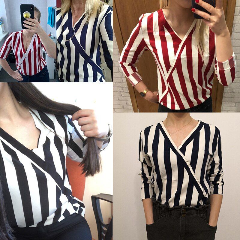 Camisetas a rayas con cuello pico de manga larga Camisetas manga larga Tops El Vestidor de Carlota