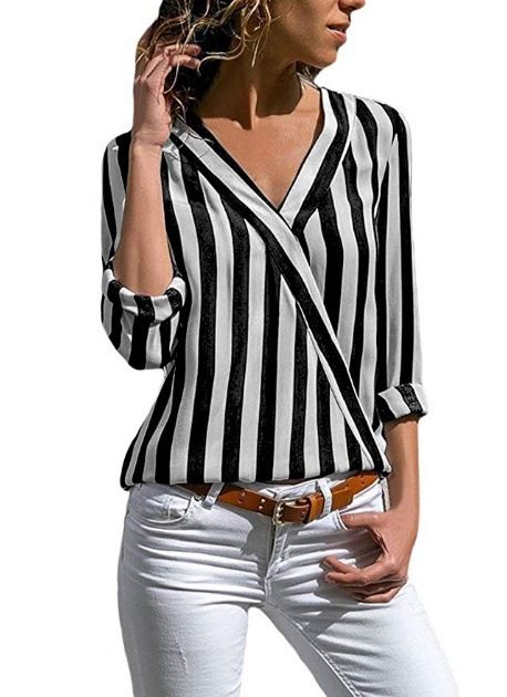 Camisetas a rayas con cuello pico de manga larga Camisetas manga larga Tops El Vestidor de Carlota