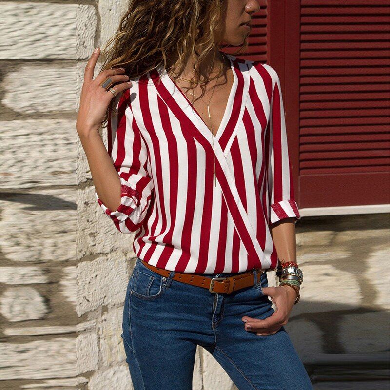 Camisetas a rayas con cuello pico de manga larga Camisetas manga larga Tops El Vestidor de Carlota